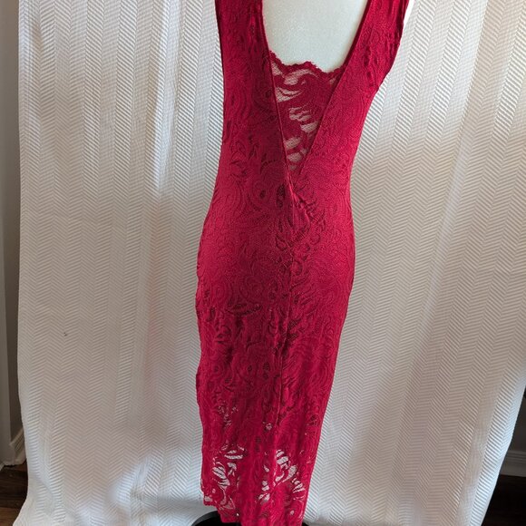 H&M Red Lace Stretch Midi Dress Size 8 Bodycon Wedding Guest Party - Picture 1 of 9